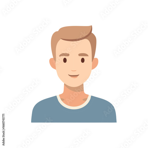 Smiling young man upper body vector illustration, fair hair and blue t shirt, cartoon style