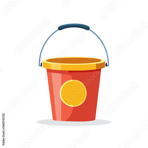Bright Red Bucket with a Yellow Circle and Handle for Water or Sand