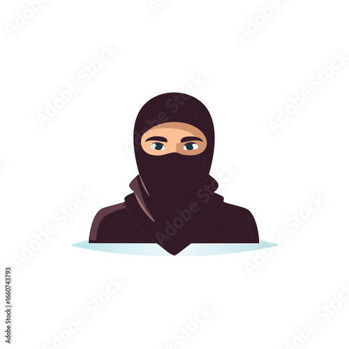 Person wearing full face mask and hood, stylized depiction of individual with mysterious appearance