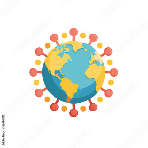 Stylized globe surrounded by viral particle shapes suggesting global pandemic and world health challenge