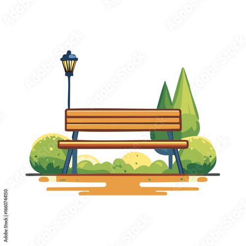 Inviting park bench amidst greenery and light post offers a tranquil resting place outdoors