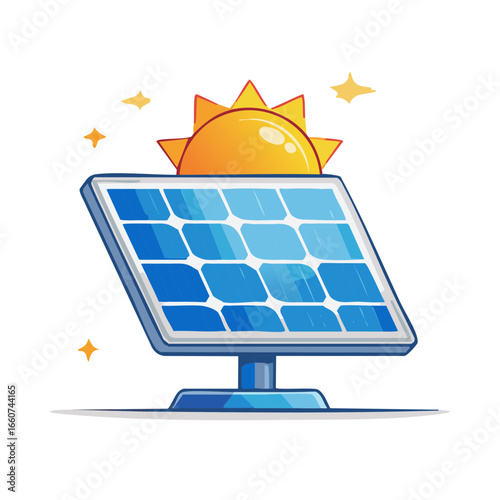 Solar Panel with Sun Cartoon Illustration Clean Energy Renewable Energy Source