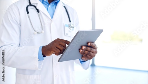 Wallpaper Mural Confident doctor in clean lab coat uses tablet for patient data analysis in bright, modern clinic setting Torontodigital.ca