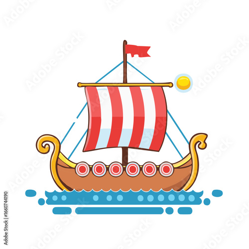 Cartoon Viking Longship Sailing on Blue Water Illustration with Red Sail and Shields