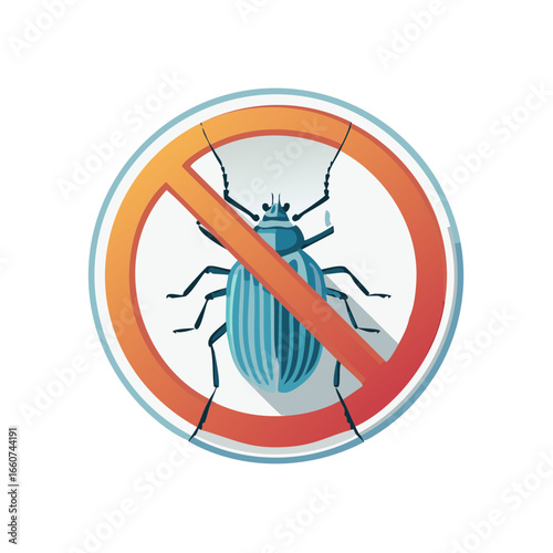 Insect Repellent Sign Featuring a Striped Beetle Prohibited Circle Symbol for Pest Control Illustration