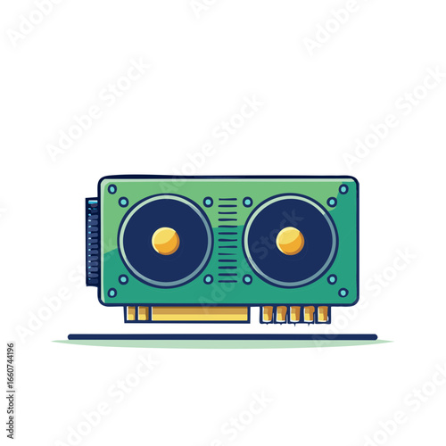 Stylized Vector Illustration of a Green and Yellow Computer Graphics Card with Fans