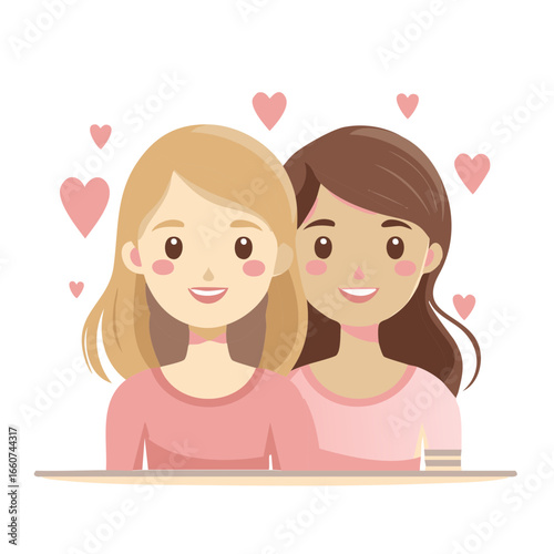 Two cute girls together with loving hearts in a cartoon vector style for Valentines or friendship themes showing affection and happiness