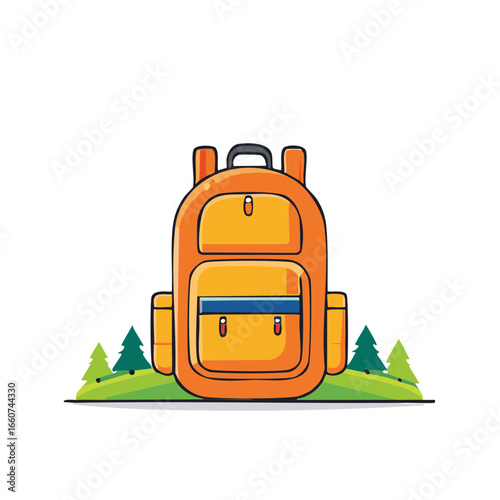 Orange camping backpack with tree design and green grass. School hiking and travel accessories.