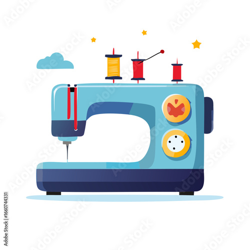 Cartoon sewing machine with threads and a pin in a modern illustrated style.