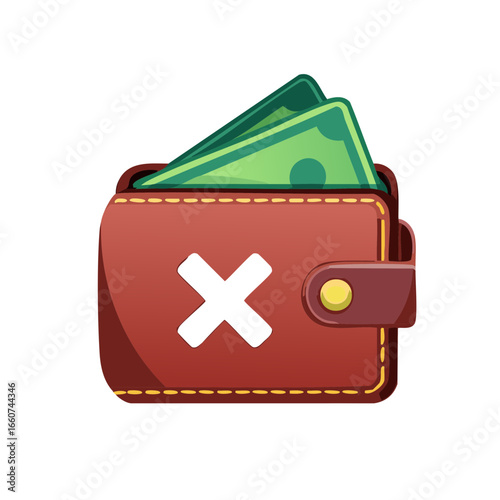 Brown wallet with bills and white X, illustration concept for finance and budgeting