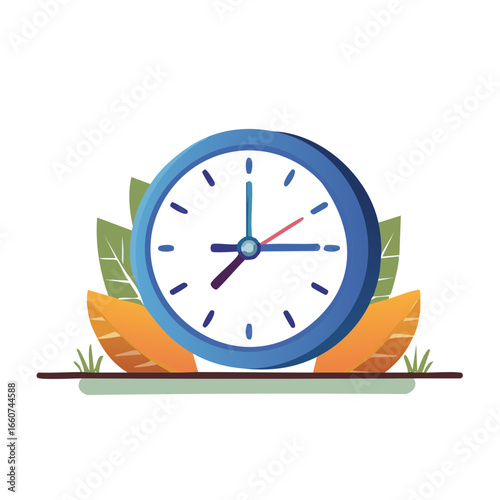 Cartoon Style Blue Clock with Leafy Accent for Time Management Graphic Design Illustration