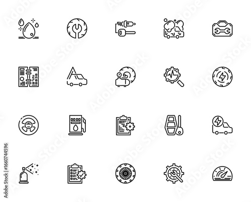 Car maintenance icon set. Vector illustration. Includes symbols for oil, repair, ignition, car wash, diagnostic, refuel, electric car, steering wheel and more. Editable stroke.