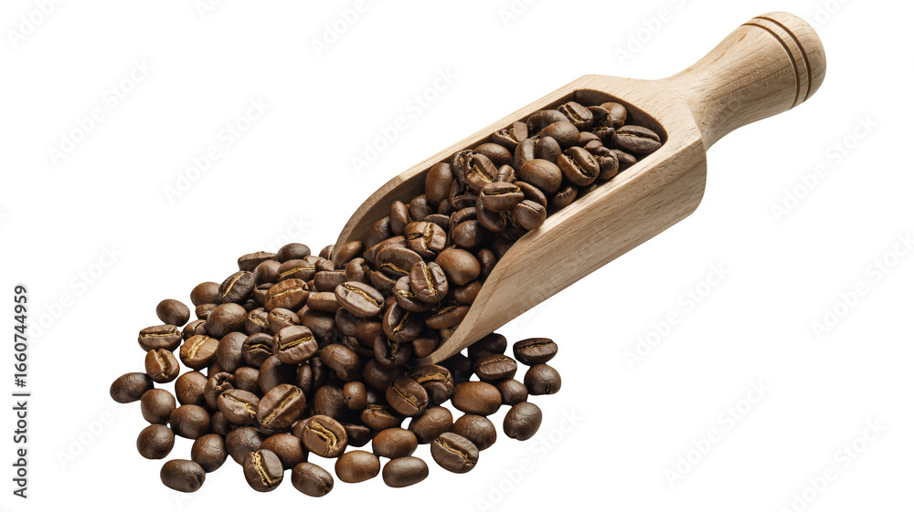 Fototapeta premium Roasted coffee beans cascading from a rustic wooden scoop