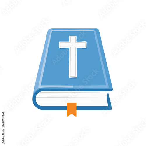 Illustration of blue bible with white cross on cover and orange bookmark sticking out of pages.