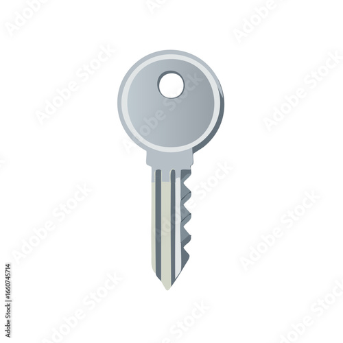Illustration of a metal door key with a rounded head and grooved blade, security, protection, access control concept