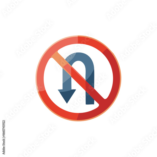 Prohibition symbol for a Uturn maneuver with a red stroke circle indicating forbidden actions for road navigation guidelines and city driving