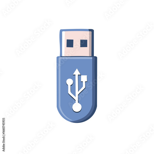 Blue USB Flash Drive Icon with Transfer Symbol for Data Storage and Portable Memory on White Background