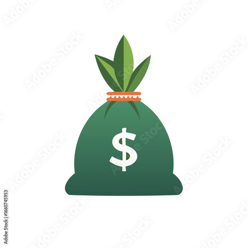 Illustration of a Green Money Bag with Dollar Sign Symbol and Leaves on White Background