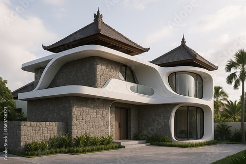 Exterior Design of House. Futuristic Style Mix Balinese House Style
