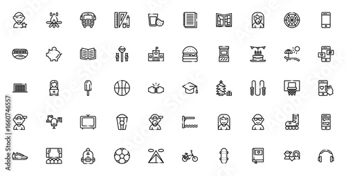 Teen age icon set. Youth vector illustrations. Includes symbols for school, friends, social media, sports, hobbies, food, graduation and more. Editable stroke.