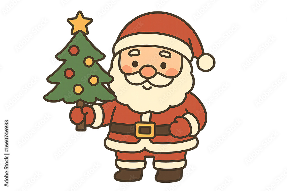 Fototapeta premium A cartoon santa claus holding a christmas tree with a yellow star on top against a black background on transparent background