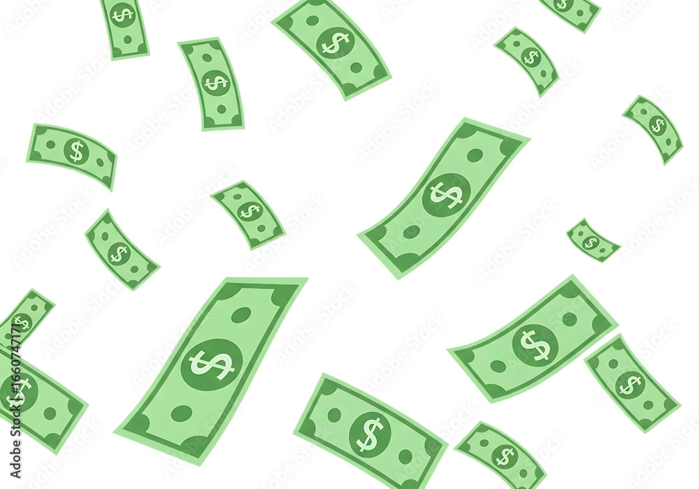 Fototapeta premium Falling dollar bills isolated on transparent background