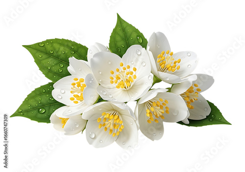 White jasmine flowers with water droplets isolated on transparent background