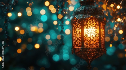 A traditional Ramadan lantern with intricate detailing, emitting a soft orange glow, complemented by a sparkling bokeh of gold and teal hues in the background 