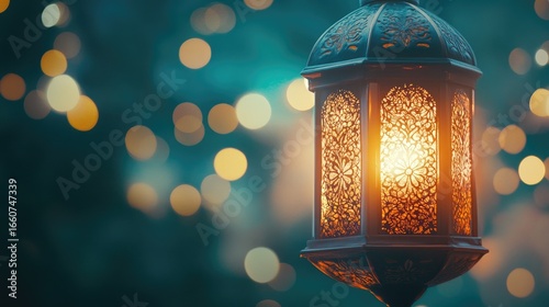 A traditional Ramadan lantern with intricate detailing, emitting a soft orange glow, complemented by a sparkling bokeh of gold and teal hues in the background
