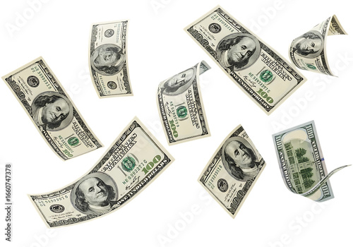 Scattered us hundred dollar bills isolated on transparent background