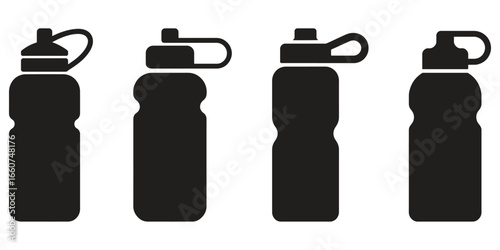 Four sleek black water bottles with different lid styles for hydration and fitness enthusiasts.