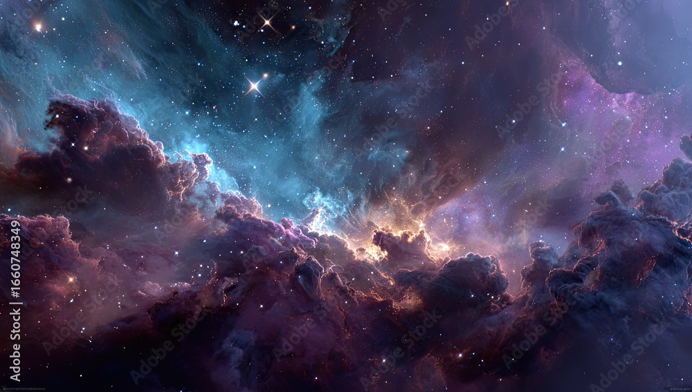 Obraz premium Cosmic clouds & stars shimmer, a vibrant nebula in blues, purples, and oranges