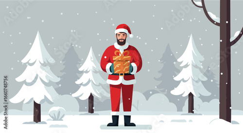Santa Claus carrying presents in snowy winter forest with pine trees and snowfall vector illustration 
