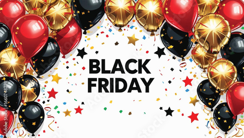 Black Friday sale with red black gold balloons and confetti shopping discount