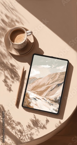 Coffee, tablet, stylus, and mountain landscape art create a serene, warm scene on table