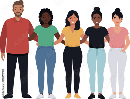 Diverse group of five standing people in casual clothing vector illustration 