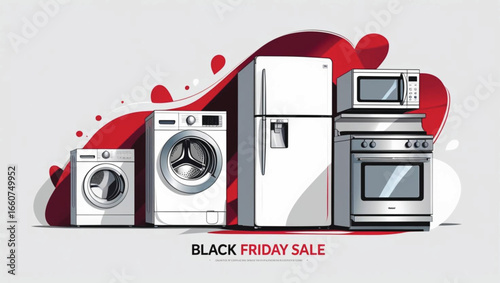 White appliances refrigerator washing machines oven microwave red abstract shapes home appliance