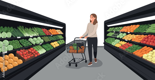 Woman Shopping Fresh Vegetables in Grocery Store Aisle with Cart Natural Colors 