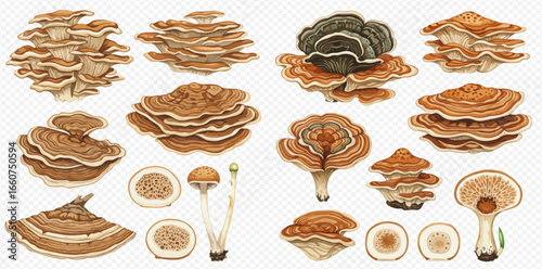 A detailed illustrated collection of various wild mushrooms, including bracket fungi and gilled species, isolated on a transparent background.