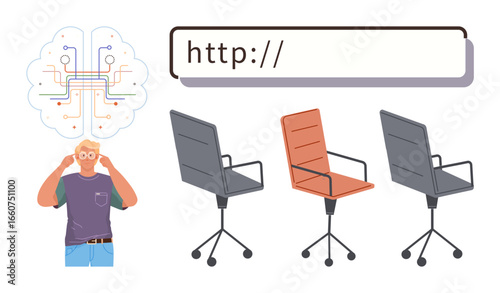 Man thinking with circuit-thumbs up brain, search bar for ideas, and modern swivel chairs in row. Ideal for creativity, brainstorming, technology, ideas, innovation workplace inspiration. Simple