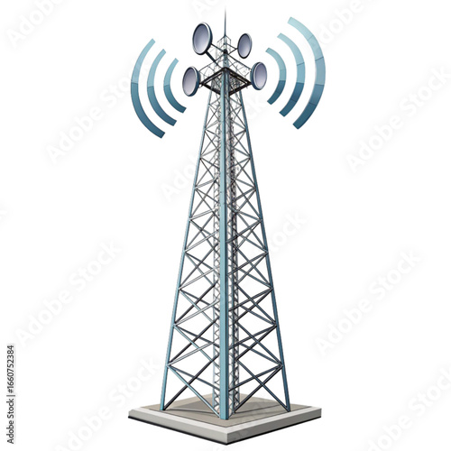 Modern communication tower broadcasting signals, representing connectivity and advanced wireless technology for global networks.