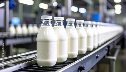 Milk bottles on factory conveyor belt.