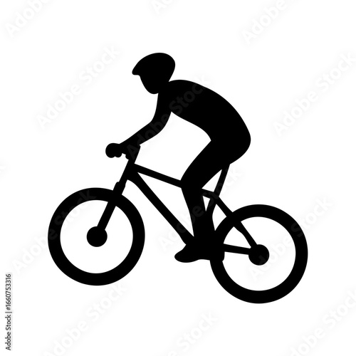 Black silhouette of a cyclist riding a bicycle on a white background