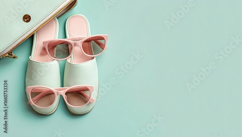 Mint green purse, slippers, and pink sunglasses arranged on turquoise backdrop