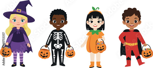 Children in Halloween Costumes Holding Pumpkin Buckets Vector Illustration 