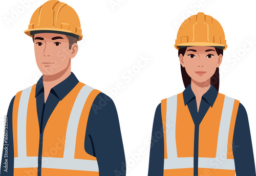 Male and Female Construction Workers Wearing Safety Helmets and Vests Vector Illustration 