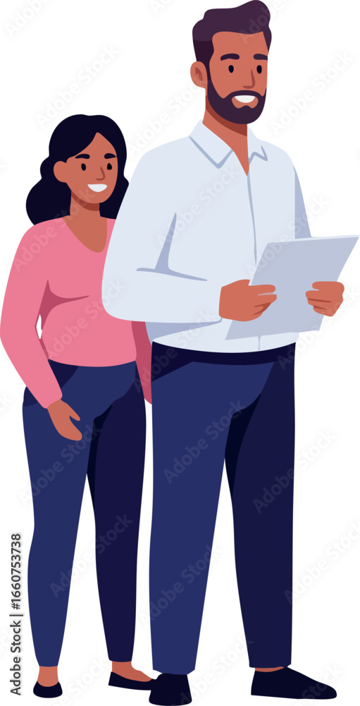 Fototapeta premium Man Reading Document with Woman Standing Behind in Casual Clothes Vector Illustration 