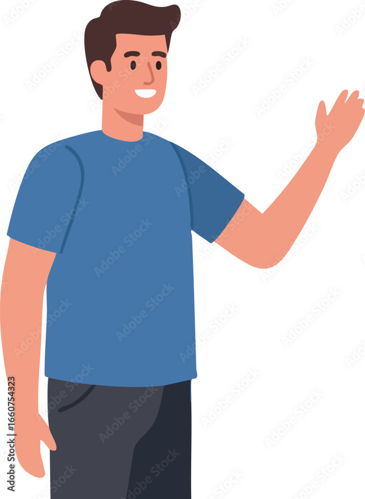 Fototapeta premium Young man waving hand in casual blue shirt friendly greeting vector illustration 