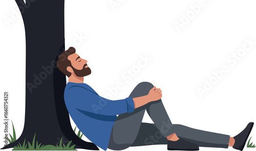 Man resting against tree in peaceful outdoor scene with blue shirt and casual clothes 