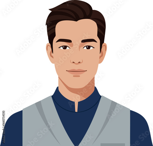 Young man portrait with short brown hair and blue vest vector illustration 